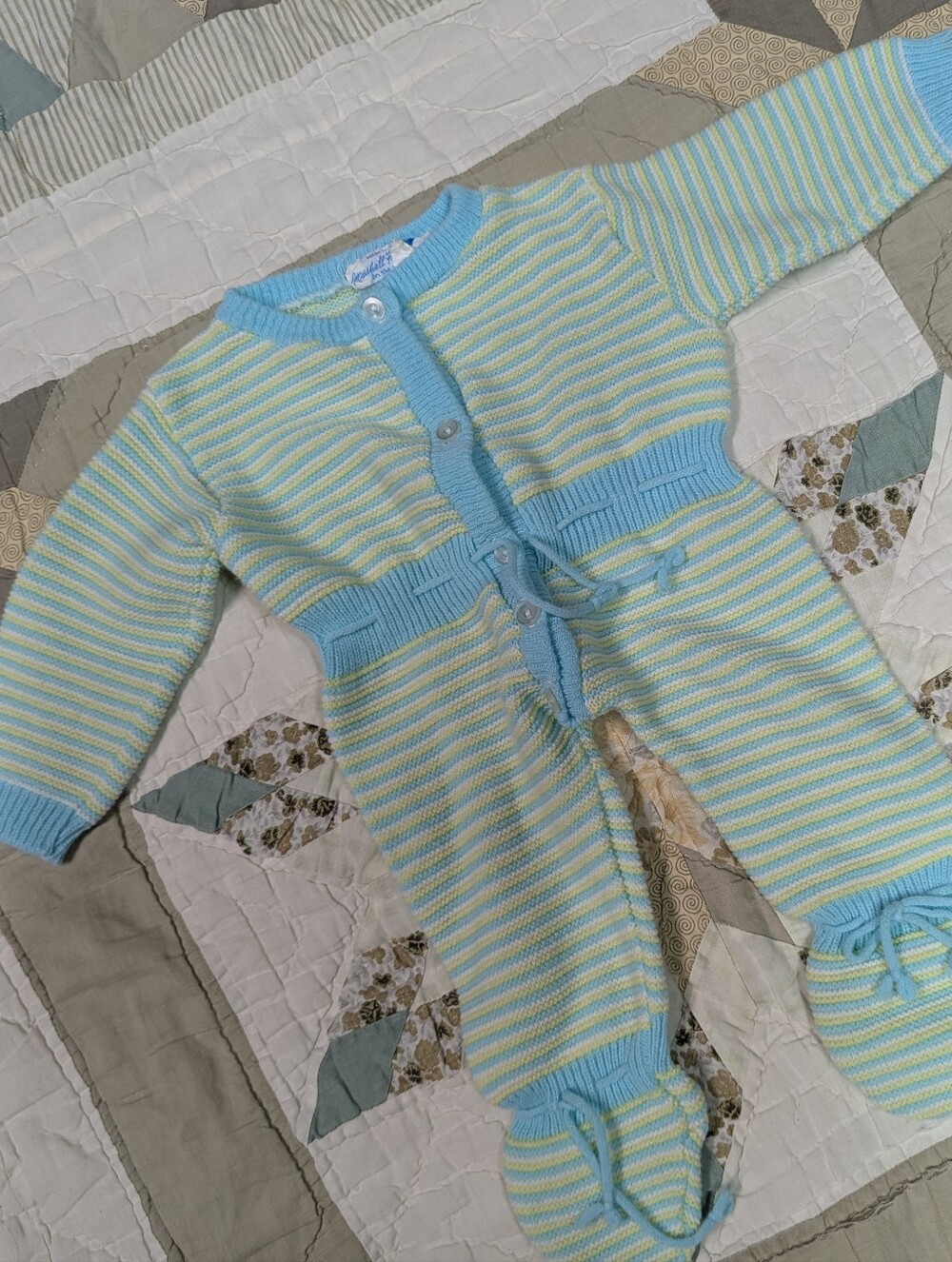 Vintage 3 Month Striped Blue & Yellow Knit One-Piece, Footed